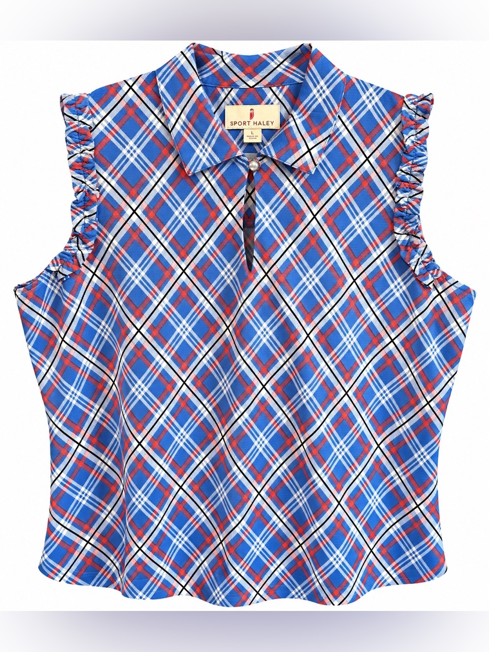 Sport Haley Red and Blue Plaid Ruffled Sleeve Polo Tank Large